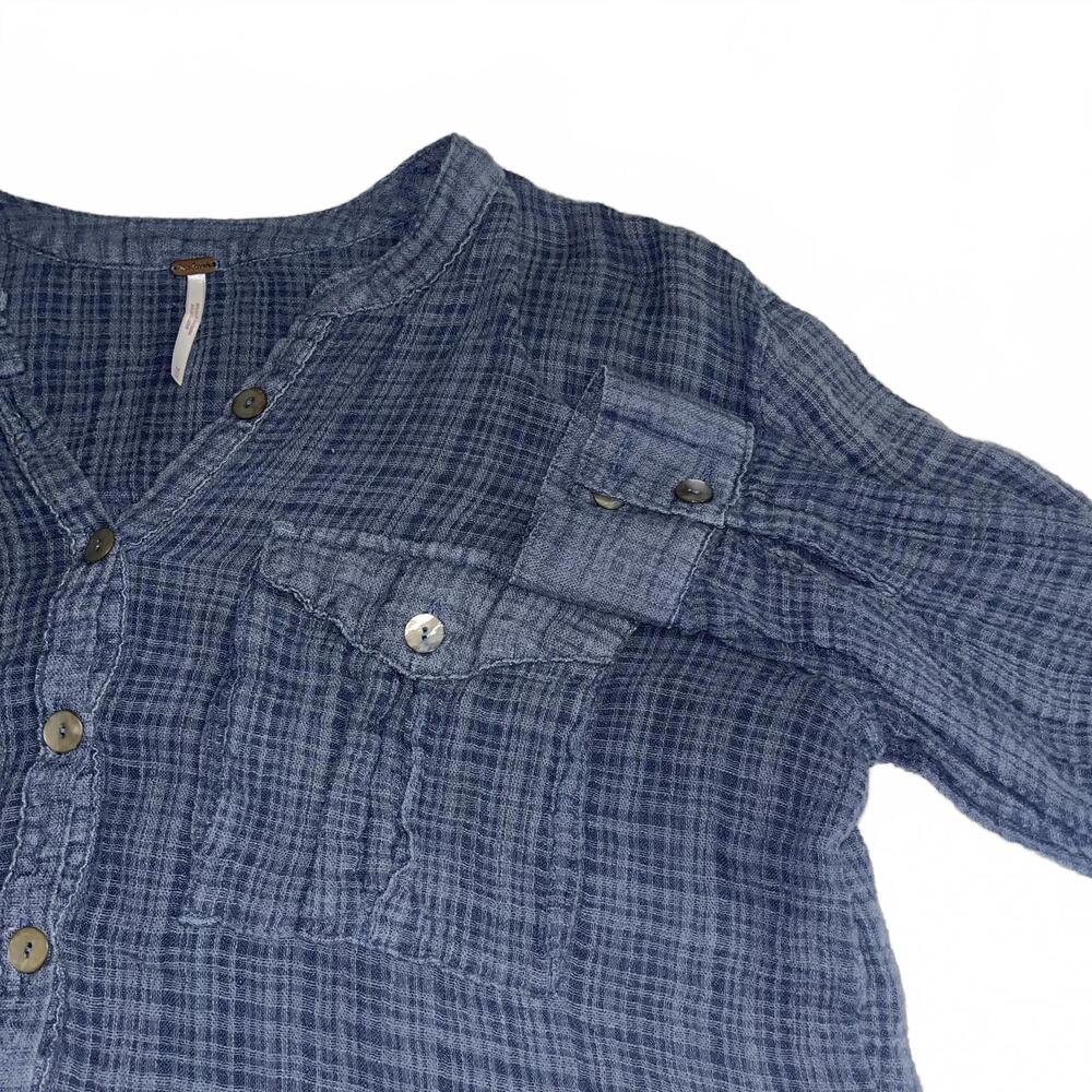 Free People $95 Gauze Blue Plaid Button-Up Womans Medium Shirt with Frayed Hem - Picture 4 of 9